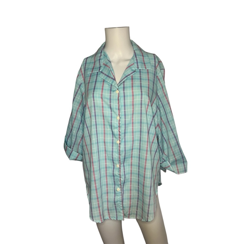 Vintage Ms Tops California Blouse Blue Plaid Lightweight Made in USA Size 42